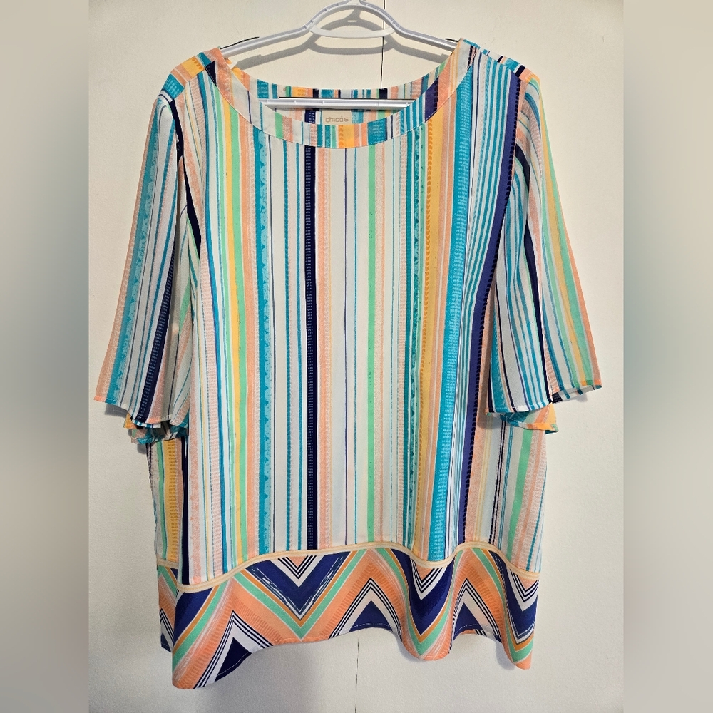 Chico's Women's Bright Rainbow Striped Blouse‎ - Size XL